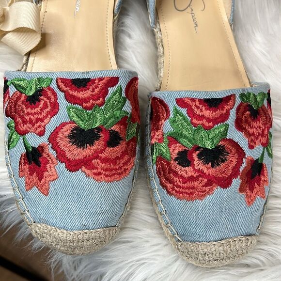 Jessica Simpson Women's Fippo Denim Floral Embroidered Lace Up Flats Size 10 - Picture 2 of 9